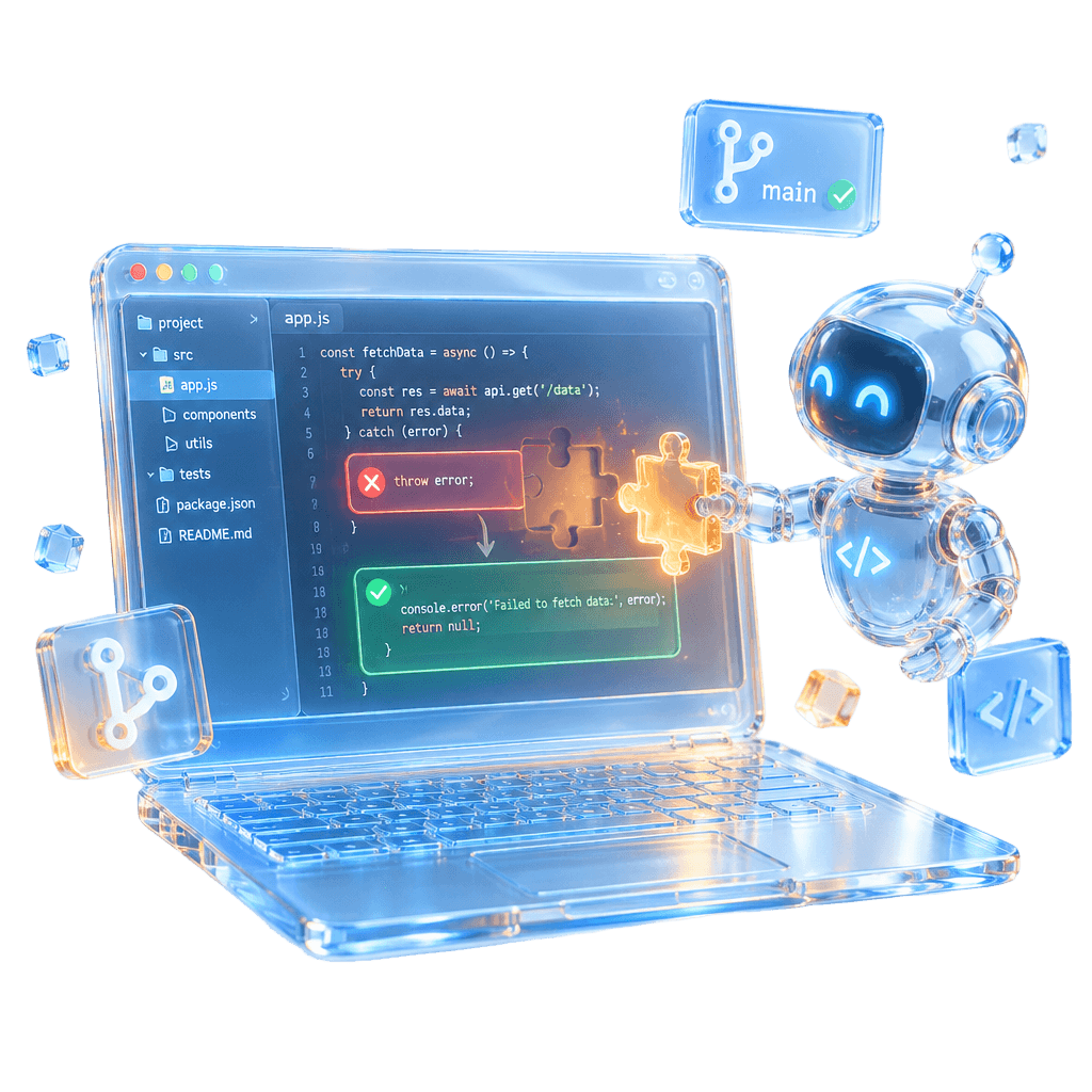 A robot fixing the missing part in the code
